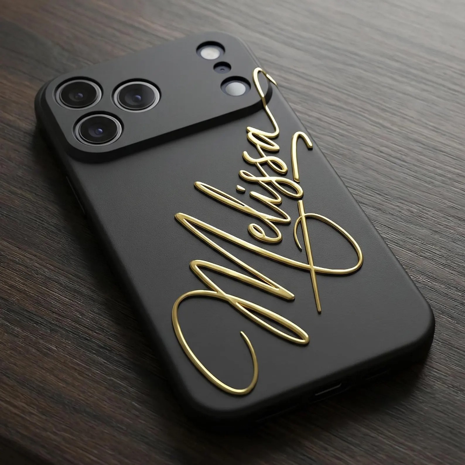 Custom Name Phone Case - Luxury Matte Black with 3D Gold Script | Personalized Silicone Cover for iPhone