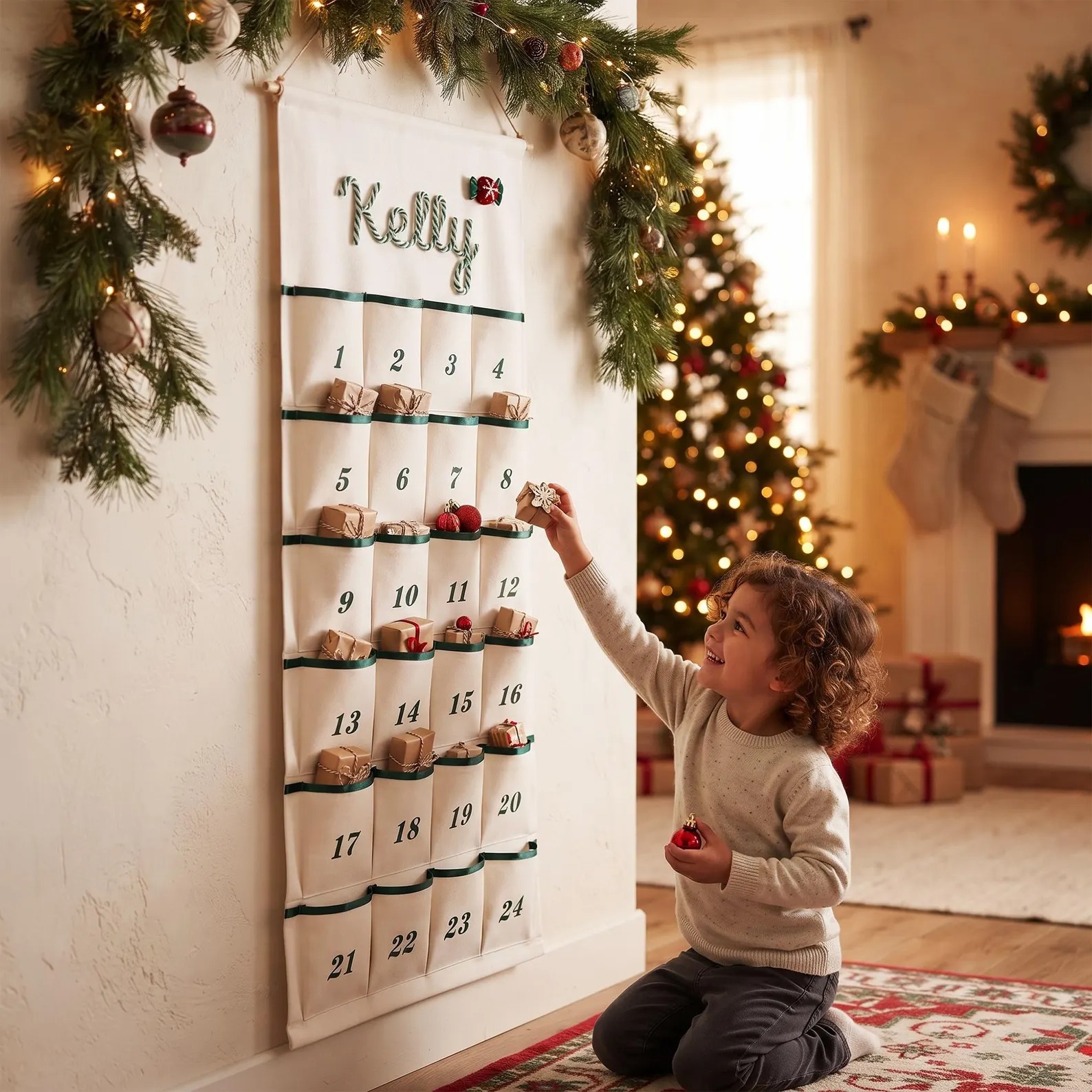 Personalized Christmas Advent Calendar – Custom Name Embroidered Fabric Countdown with 24 Pockets, Red or Green Strap, Reusable Holiday Decor for Kids & Families
