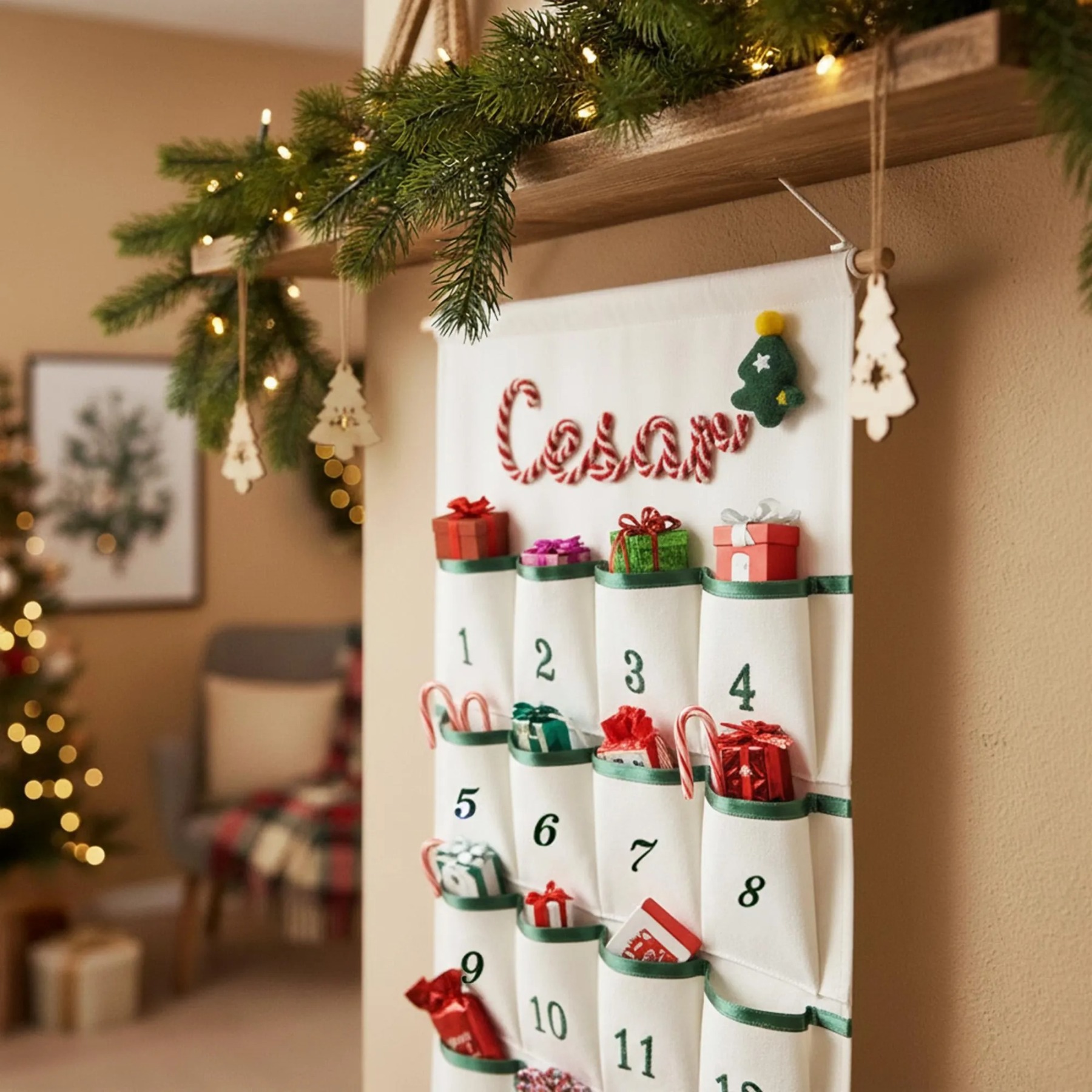 Personalized Christmas Advent Calendar – Custom Name Embroidered Fabric Countdown with 24 Pockets, Red or Green Strap, Reusable Holiday Decor for Kids & Families