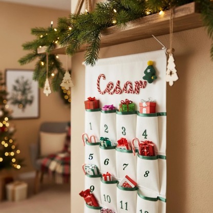Personalized Christmas Advent Calendar – Custom Name Embroidered Fabric Countdown with 24 Pockets, Red or Green Strap, Reusable Holiday Decor for Kids & Families