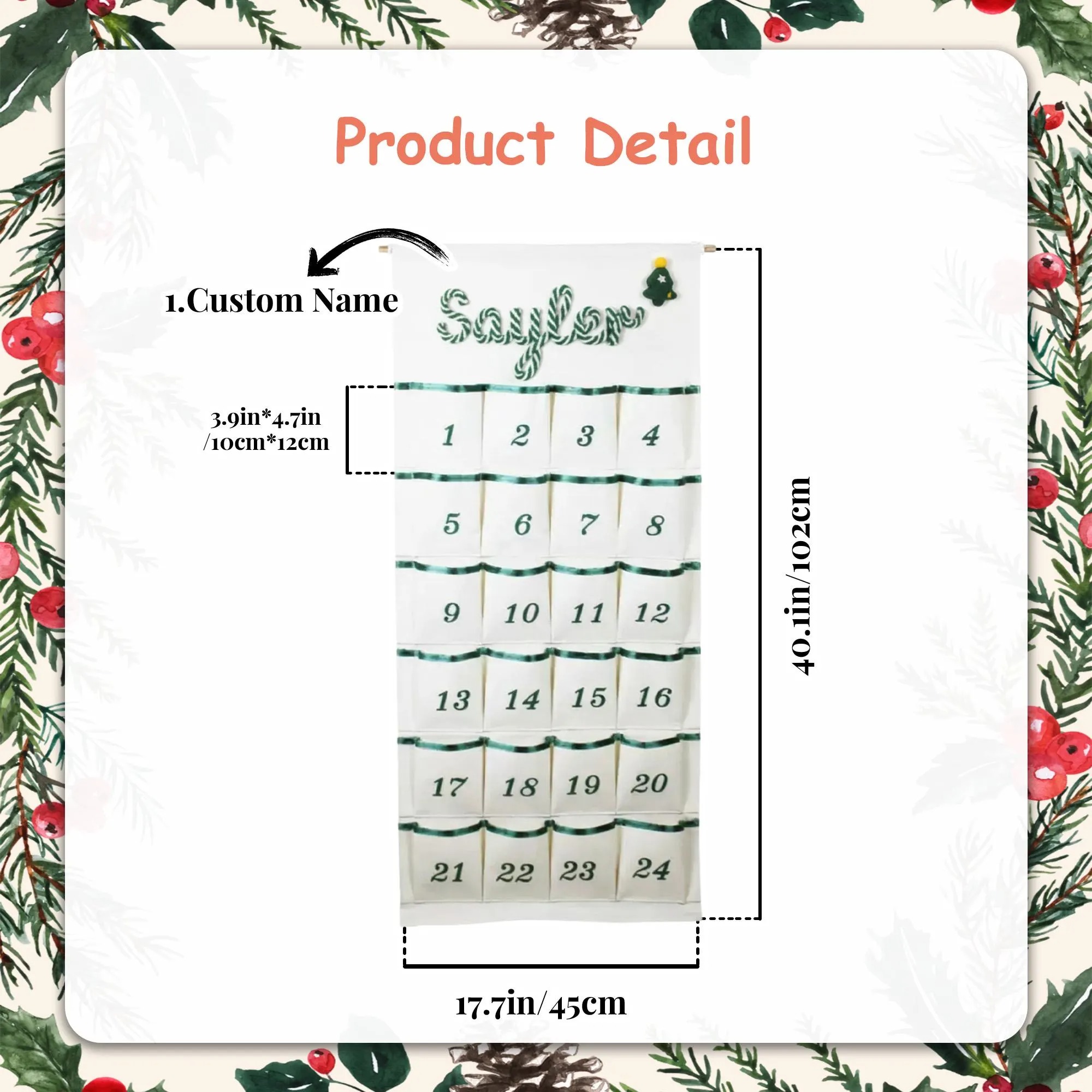 Personalized Christmas Advent Calendar – Custom Name Embroidered Fabric Countdown with 24 Pockets, Red or Green Strap, Reusable Holiday Decor for Kids & Families