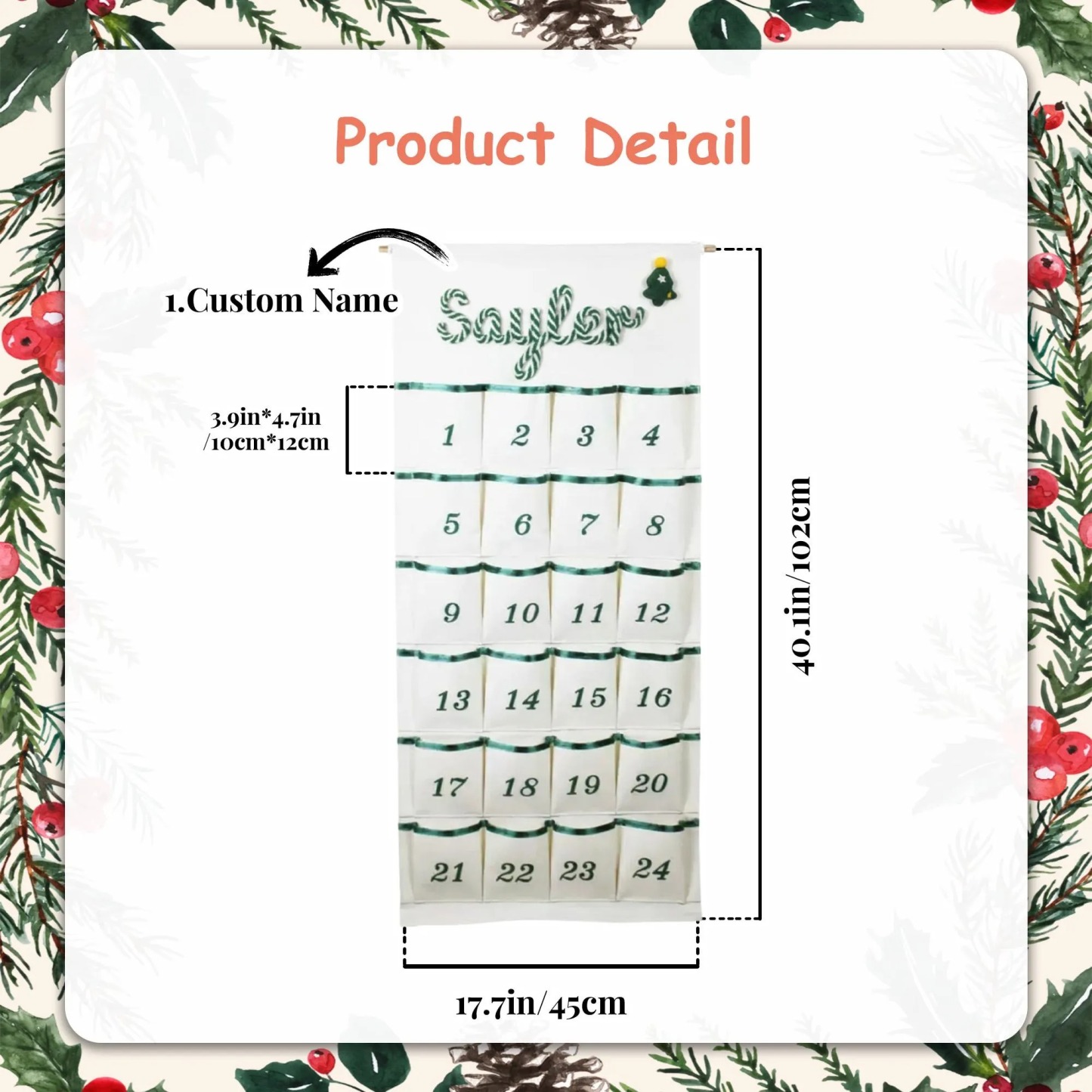Personalized Christmas Advent Calendar – Custom Name Embroidered Fabric Countdown with 24 Pockets, Red or Green Strap, Reusable Holiday Decor for Kids & Families