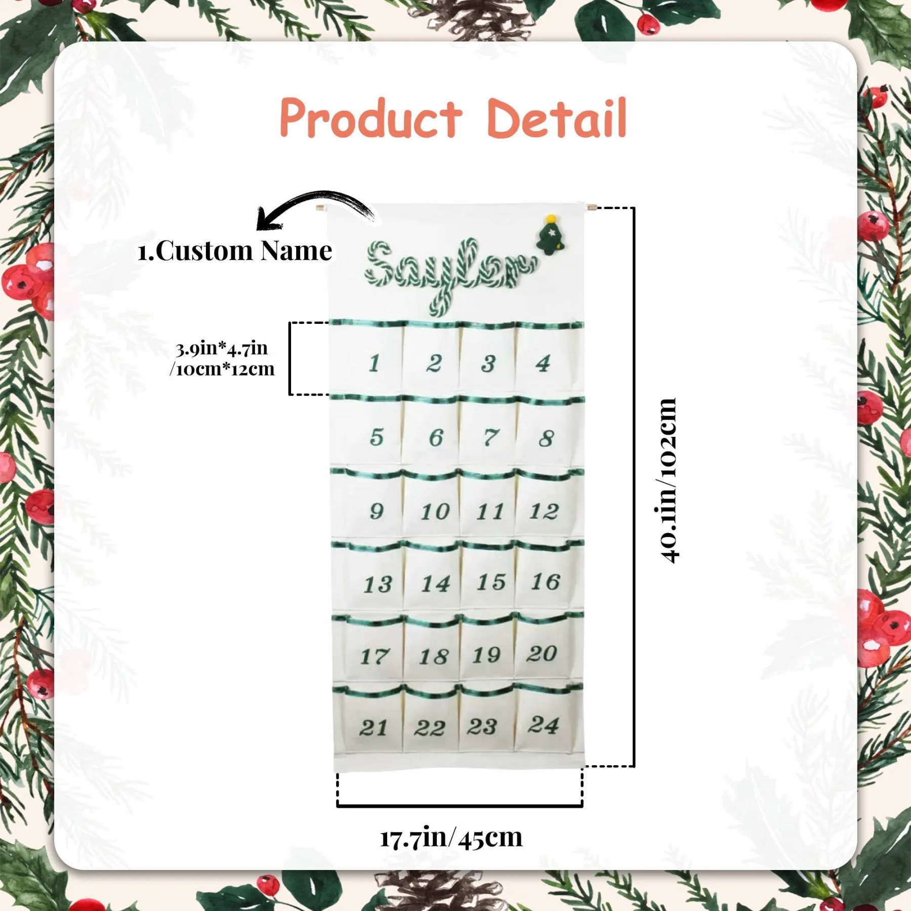 Personalized Christmas Advent Calendar – Custom Name Embroidered Fabric Countdown with 24 Pockets, Red or Green Strap, Reusable Holiday Decor for Kids & Families