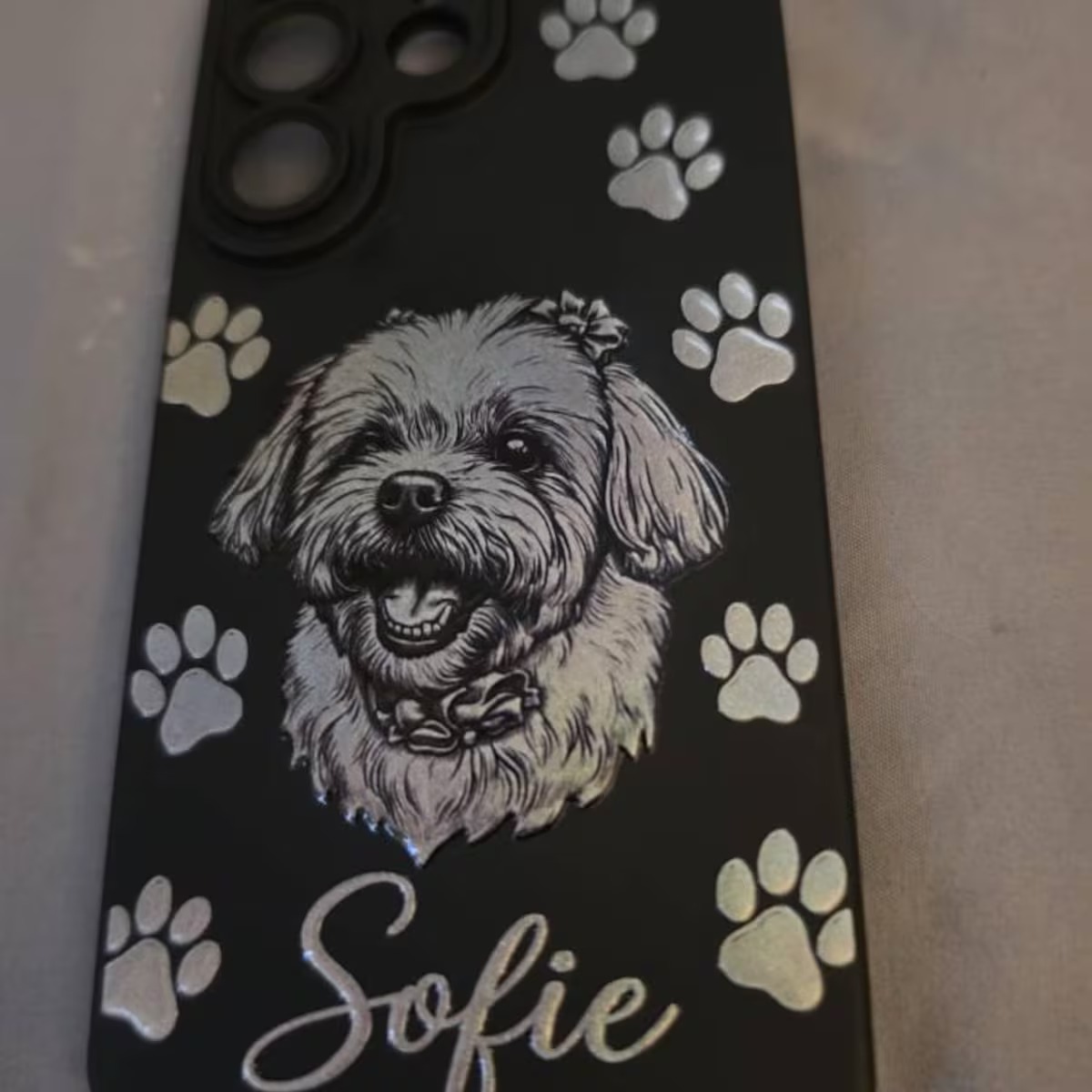 Custom 3D Pet Portrait Phone Case — Personalized Dog Art with Name & Paw Prints