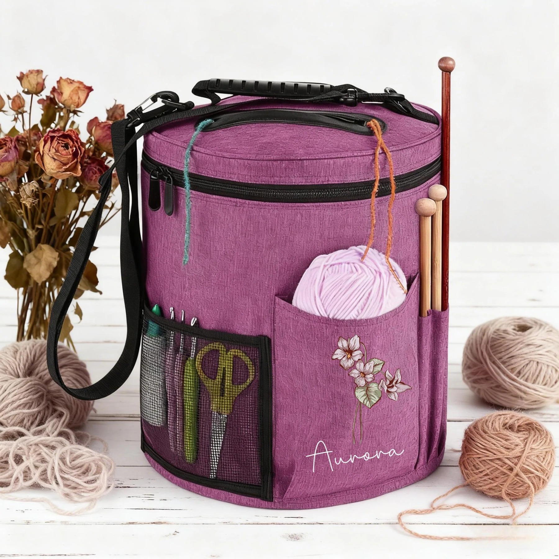 Personalized Round Yarn Storage Bag with Shoulder Strap – Custom Embroidered Knitting & Crochet Organizer Bucket for Yarn, Needles, and Craft Supplies