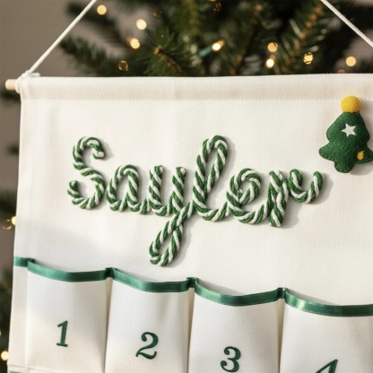 Personalized Christmas Advent Calendar – Custom Name Embroidered Fabric Countdown with 24 Pockets, Red or Green Strap, Reusable Holiday Decor for Kids & Families