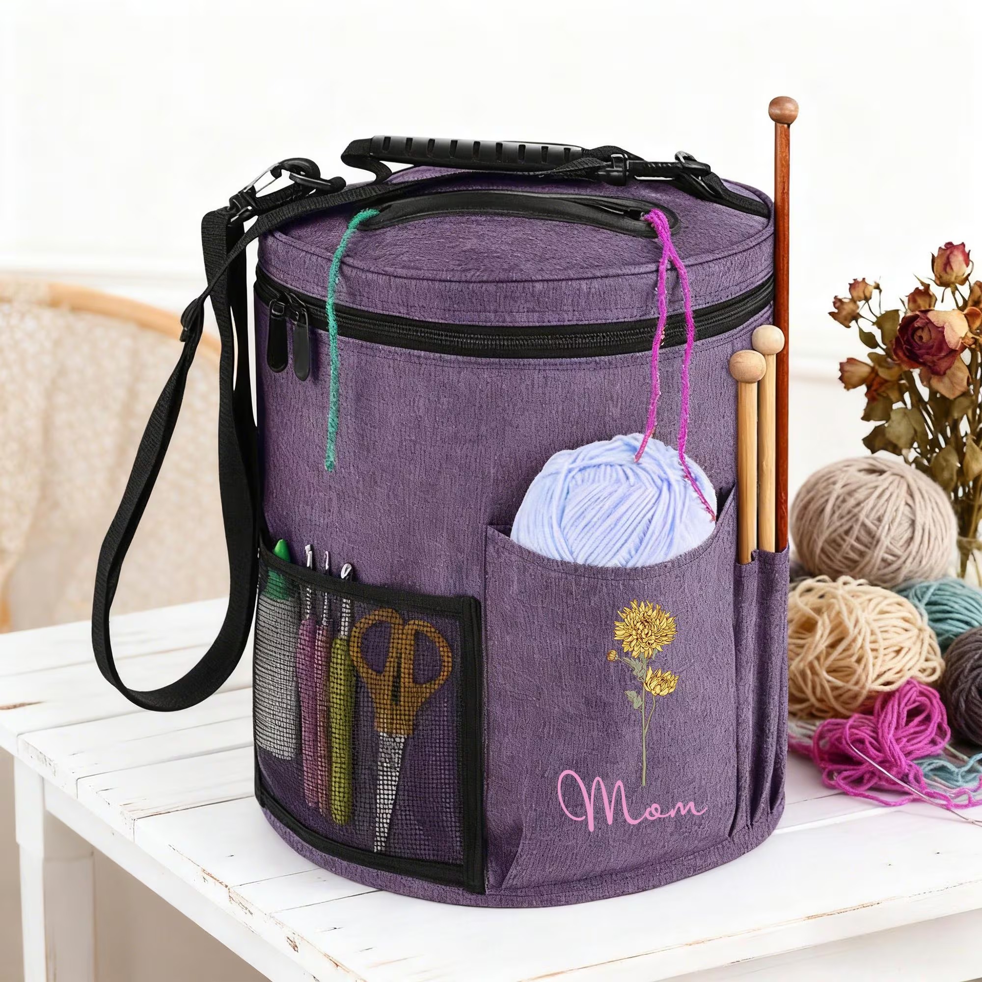 Personalized Round Yarn Storage Bag with Shoulder Strap – Custom Embroidered Knitting & Crochet Organizer Bucket for Yarn, Needles, and Craft Supplies