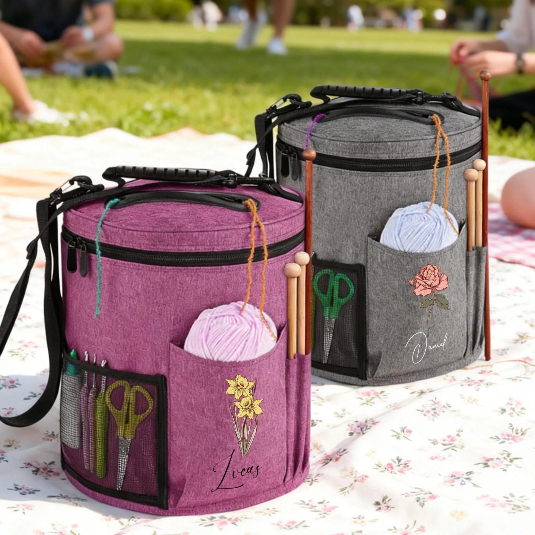 Personalized Round Yarn Storage Bag with Shoulder Strap – Custom Embroidered Knitting & Crochet Organizer Bucket for Yarn, Needles, and Craft Supplies