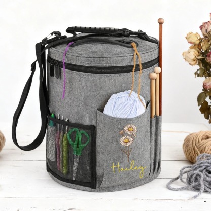 Personalized Round Yarn Storage Bag with Shoulder Strap – Custom Embroidered Knitting & Crochet Organizer Bucket for Yarn, Needles, and Craft Supplies