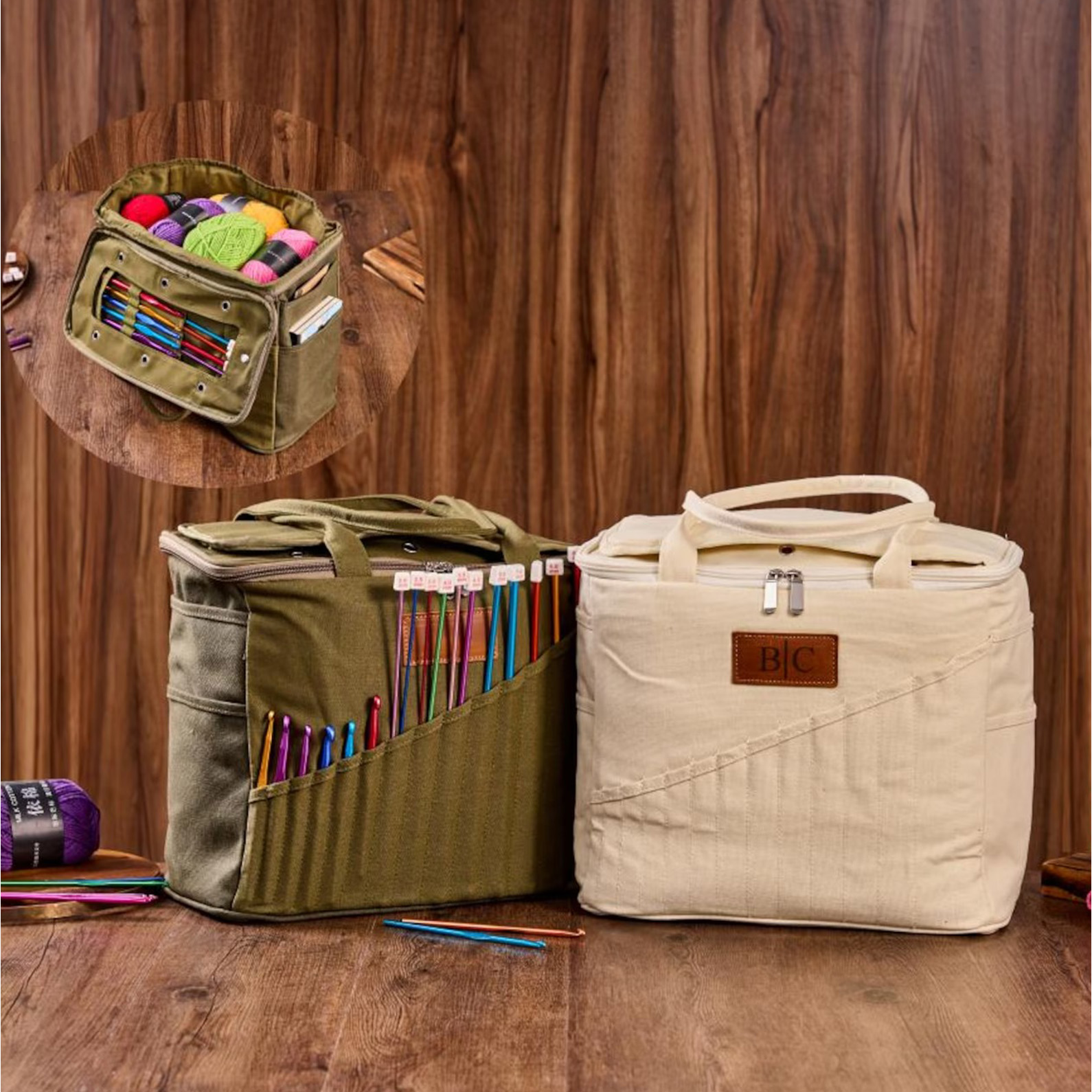 Personalized Canvas Knitting Tote with Leather Patch – Custom Embroidered Yarn Organizer & Craft Project Bag