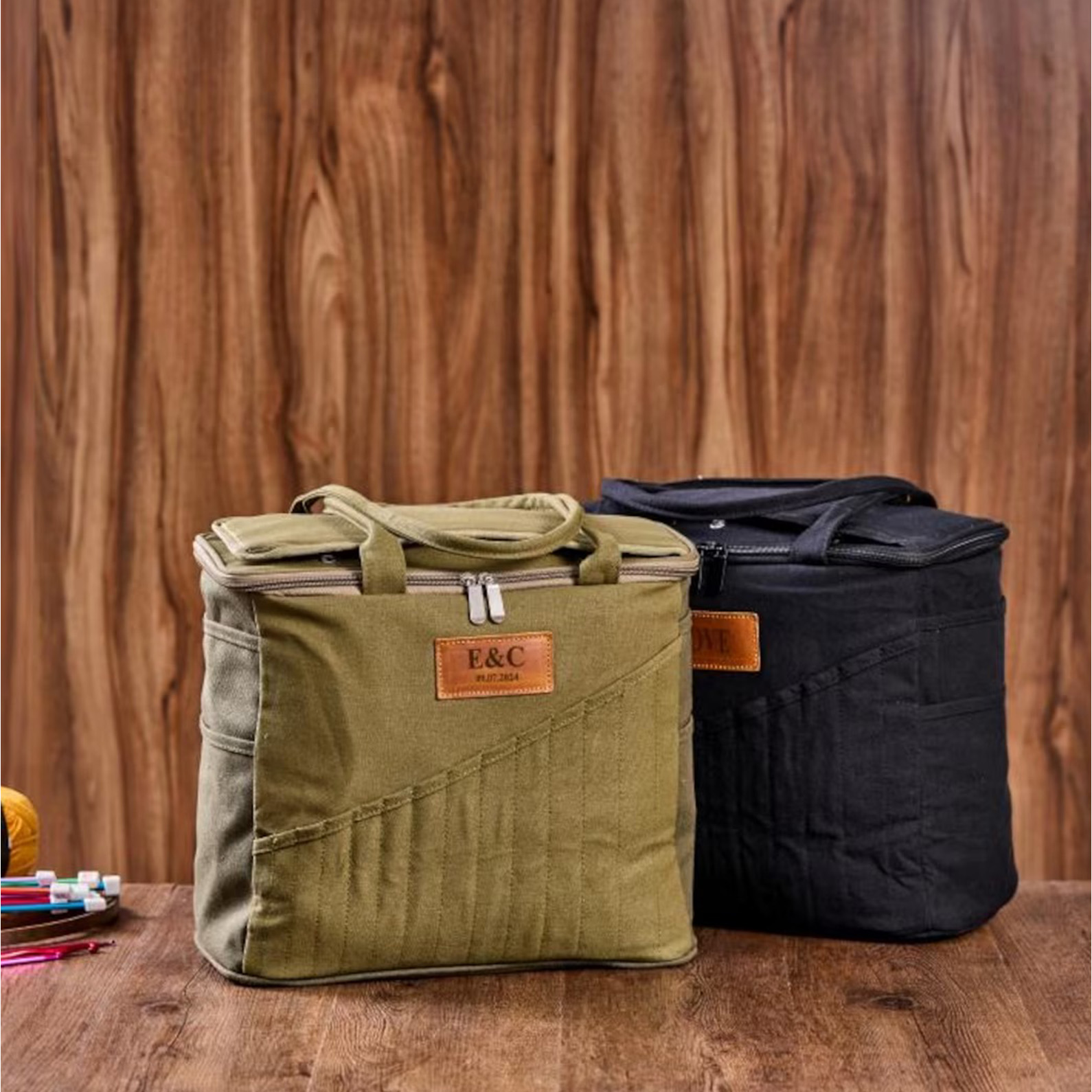 Personalized Canvas Knitting Tote with Leather Patch – Custom Embroidered Yarn Organizer & Craft Project Bag