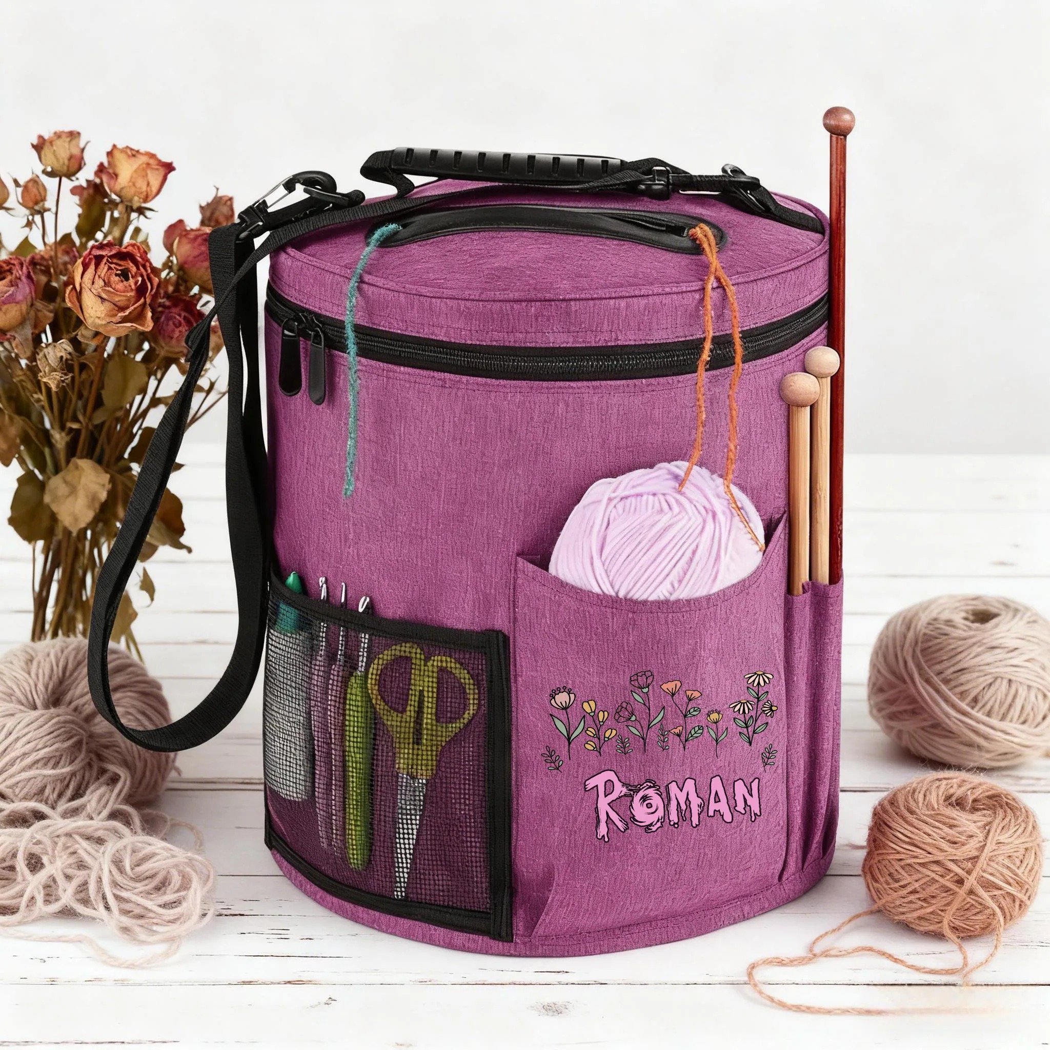 Personalized Round Yarn Bucket – Custom Embroidered Knitting & Crochet Organizer Bag with Shoulder Strap