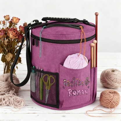 Personalized Round Yarn Bucket – Custom Embroidered Knitting & Crochet Organizer Bag with Shoulder Strap