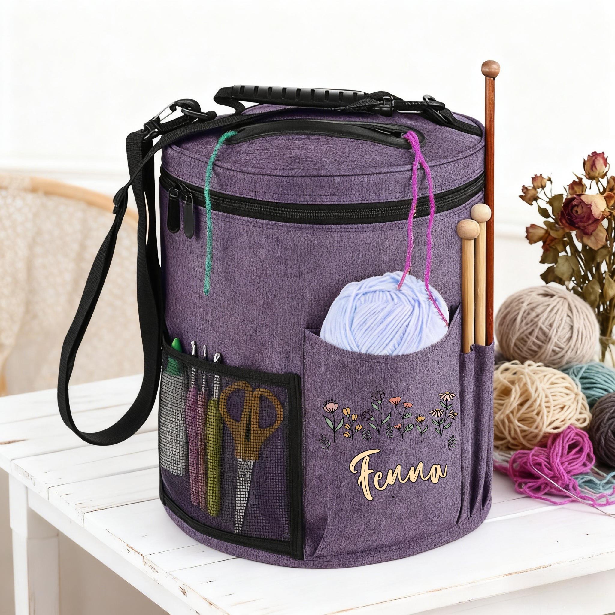 Personalized Round Yarn Bucket – Custom Embroidered Knitting & Crochet Organizer Bag with Shoulder Strap