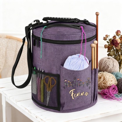 Personalized Round Yarn Bucket – Custom Embroidered Knitting & Crochet Organizer Bag with Shoulder Strap