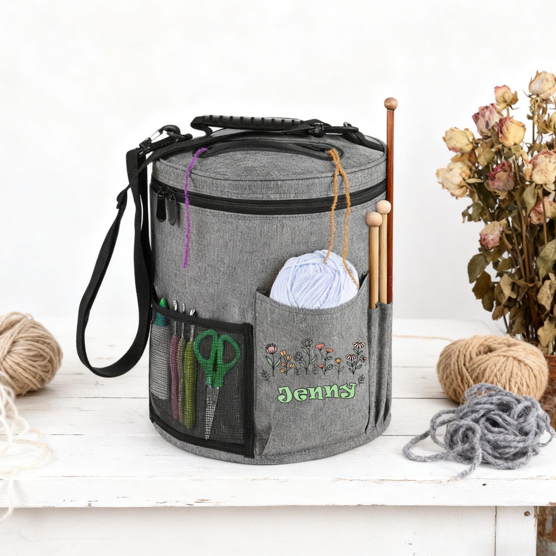 Personalized Round Yarn Bucket – Custom Embroidered Knitting & Crochet Organizer Bag with Shoulder Strap