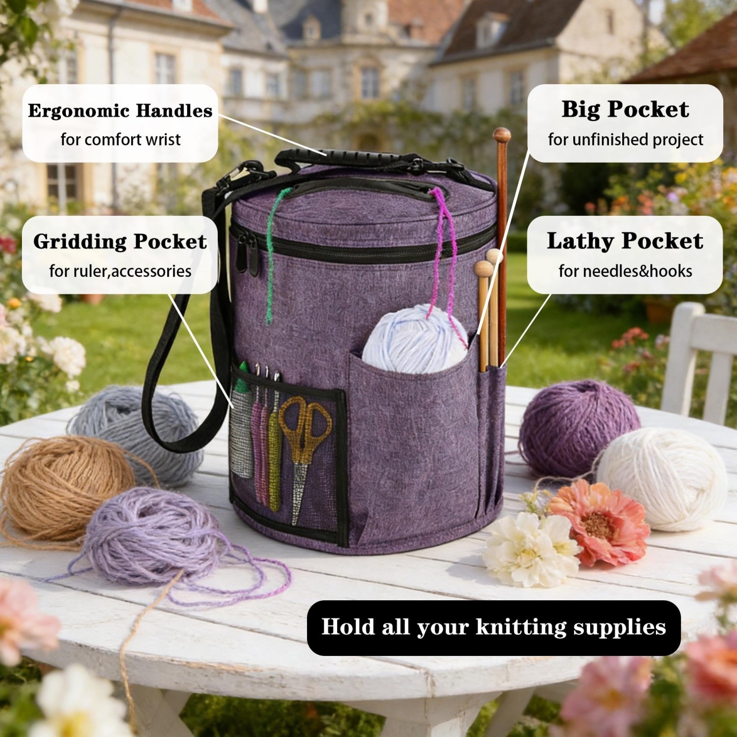 Personalized Round Yarn Bucket – Custom Embroidered Knitting & Crochet Organizer Bag with Shoulder Strap