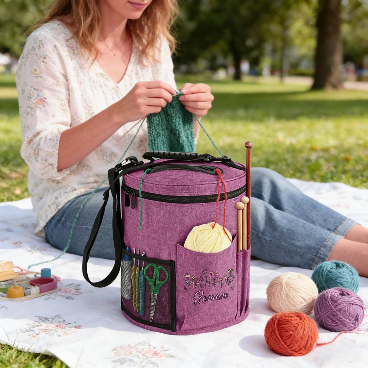 Personalized Round Yarn Bucket – Custom Embroidered Knitting & Crochet Organizer Bag with Shoulder Strap