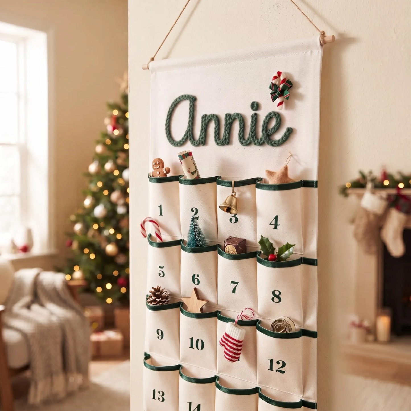 Personalized Christmas Advent Calendar – Custom Name Embroidered Fabric Countdown with 24 Pockets, Red or Green Strap, Reusable Holiday Decor for Kids & Families