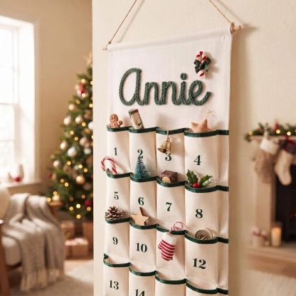 Personalized Christmas Advent Calendar – Custom Name Embroidered Fabric Countdown with 24 Pockets, Red or Green Strap, Reusable Holiday Decor for Kids & Families