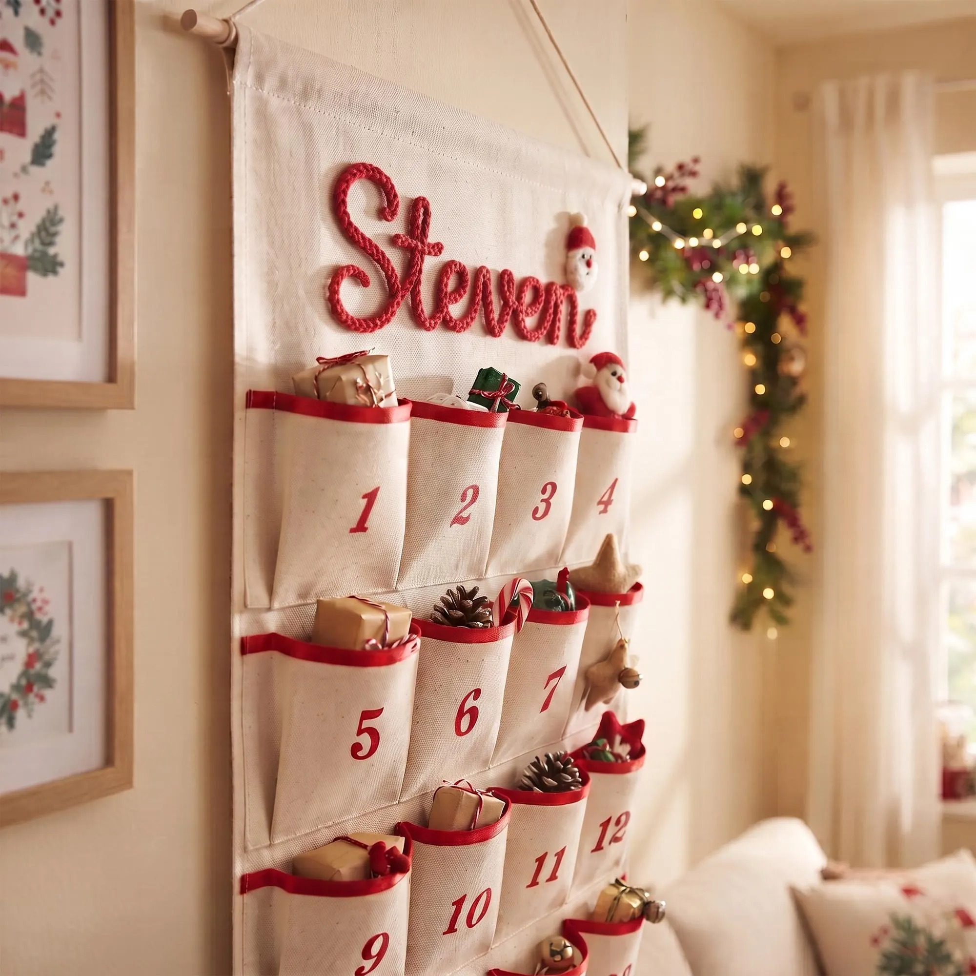 Personalized Christmas Advent Calendar – Custom Name Embroidered Fabric Countdown with 24 Pockets, Red or Green Strap, Reusable Holiday Decor for Kids & Families