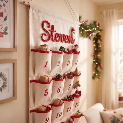 Personalized Christmas Advent Calendar – Custom Name Embroidered Fabric Countdown with 24 Pockets, Red or Green Strap, Reusable Holiday Decor for Kids & Families