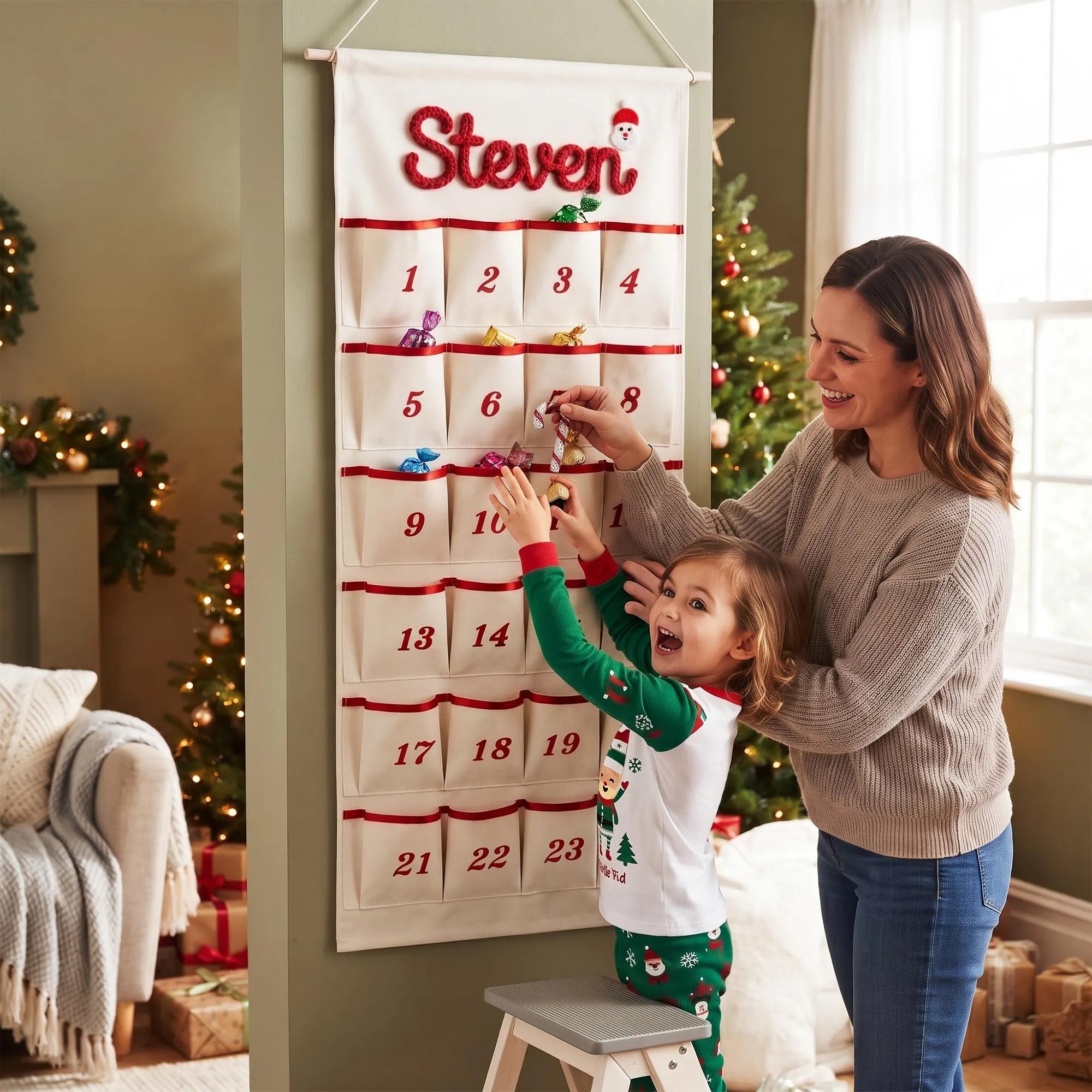 Personalized Christmas Advent Calendar – Custom Name Embroidered Fabric Countdown with 24 Pockets, Red or Green Strap, Reusable Holiday Decor for Kids & Families