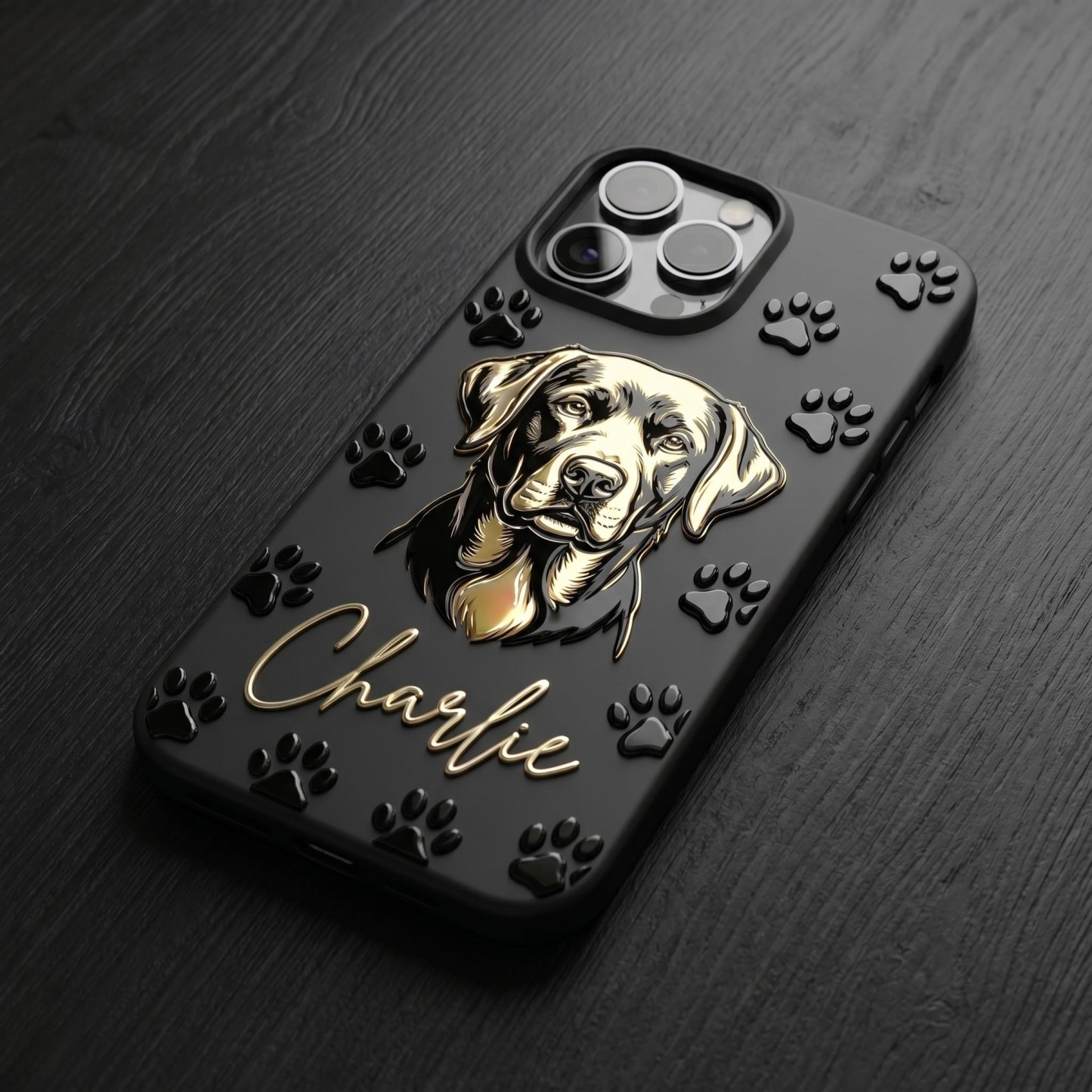 Custom 3D Pet Portrait Phone Case — Personalized Dog Art with Name & Paw Prints