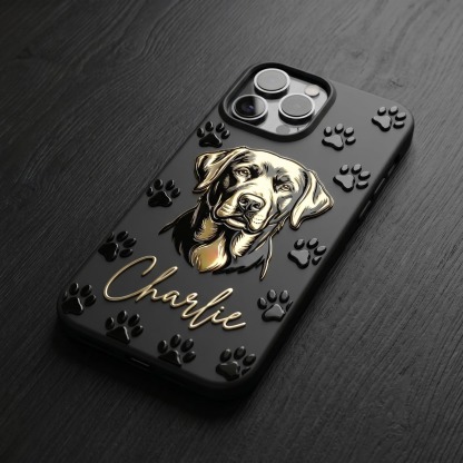 Custom 3D Pet Portrait Phone Case — Personalized Dog Art with Name & Paw Prints