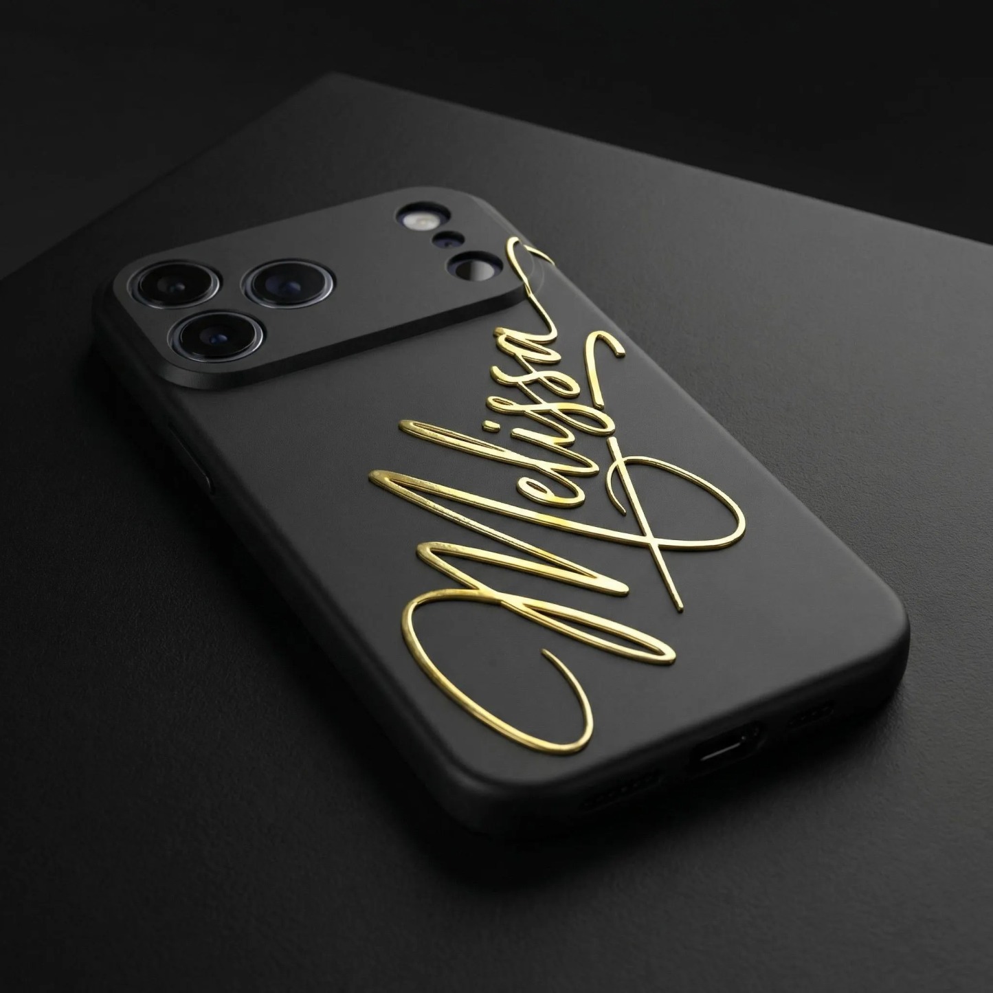 Custom Name Phone Case - Luxury Matte Black with 3D Gold Script | Personalized Silicone Cover for iPhone