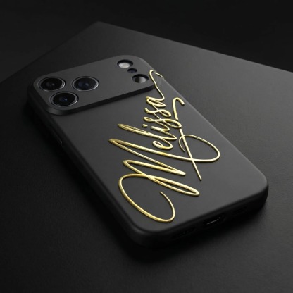 Custom Name Phone Case - Luxury Matte Black with 3D Gold Script | Personalized Silicone Cover for iPhone