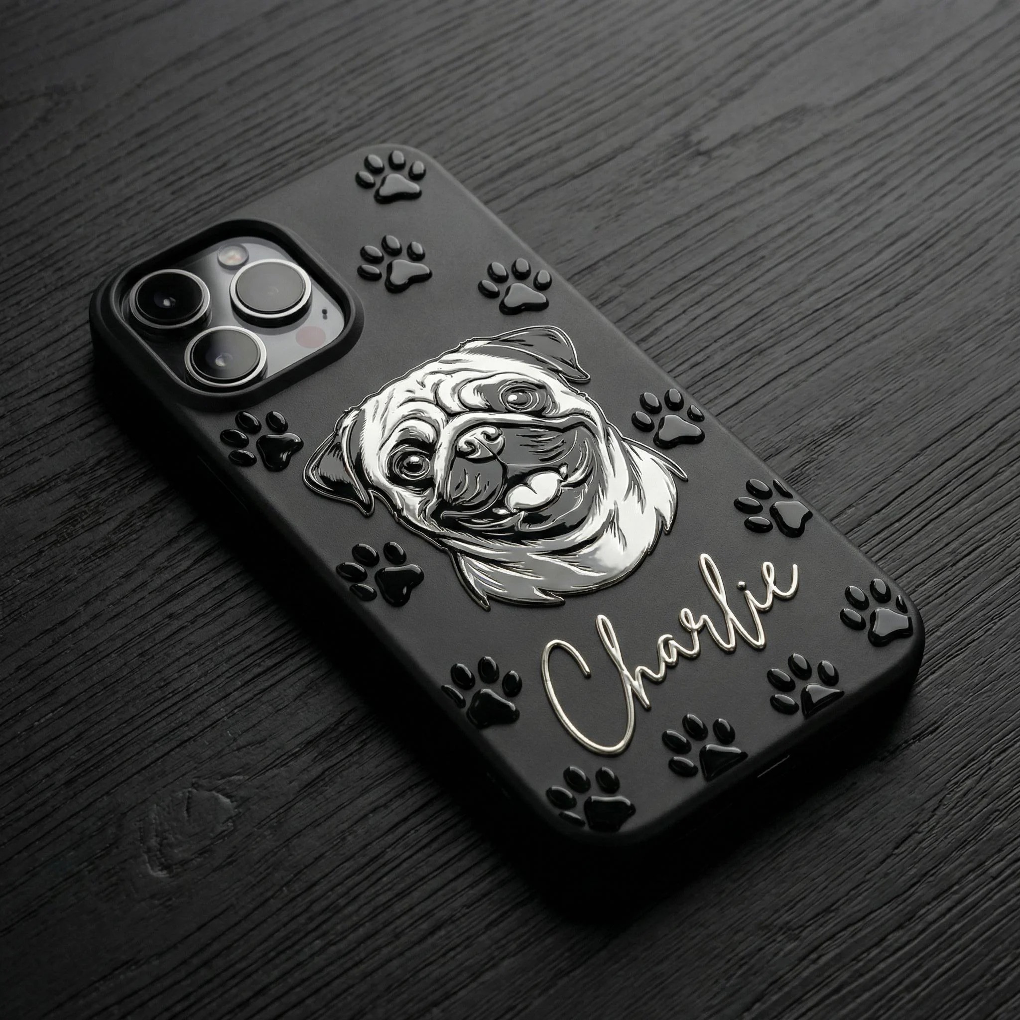 Custom 3D Pet Portrait Phone Case — Personalized Dog Art with Name & Paw Prints