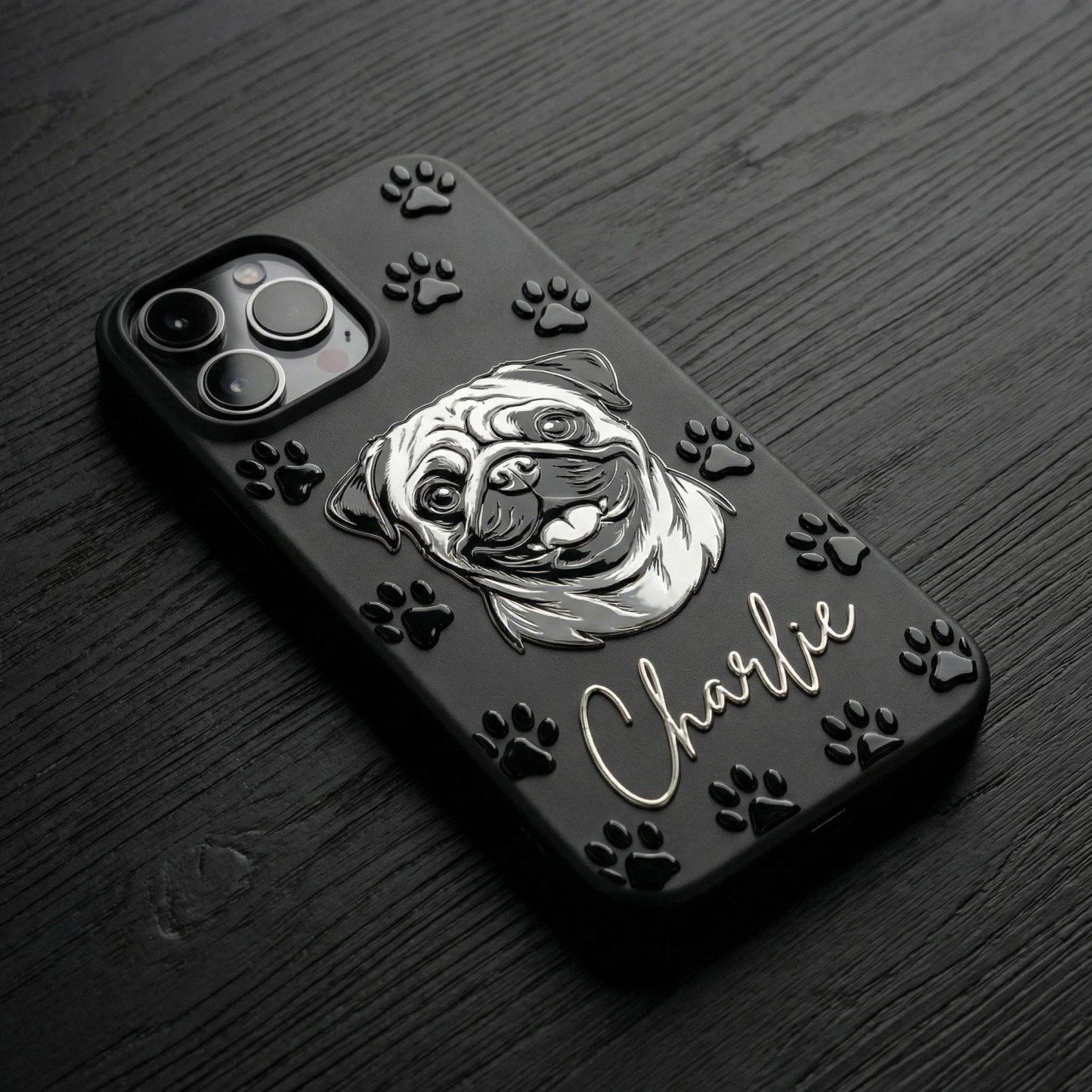Custom 3D Pet Portrait Phone Case — Personalized Dog Art with Name & Paw Prints
