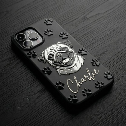 Custom 3D Pet Portrait Phone Case — Personalized Dog Art with Name & Paw Prints