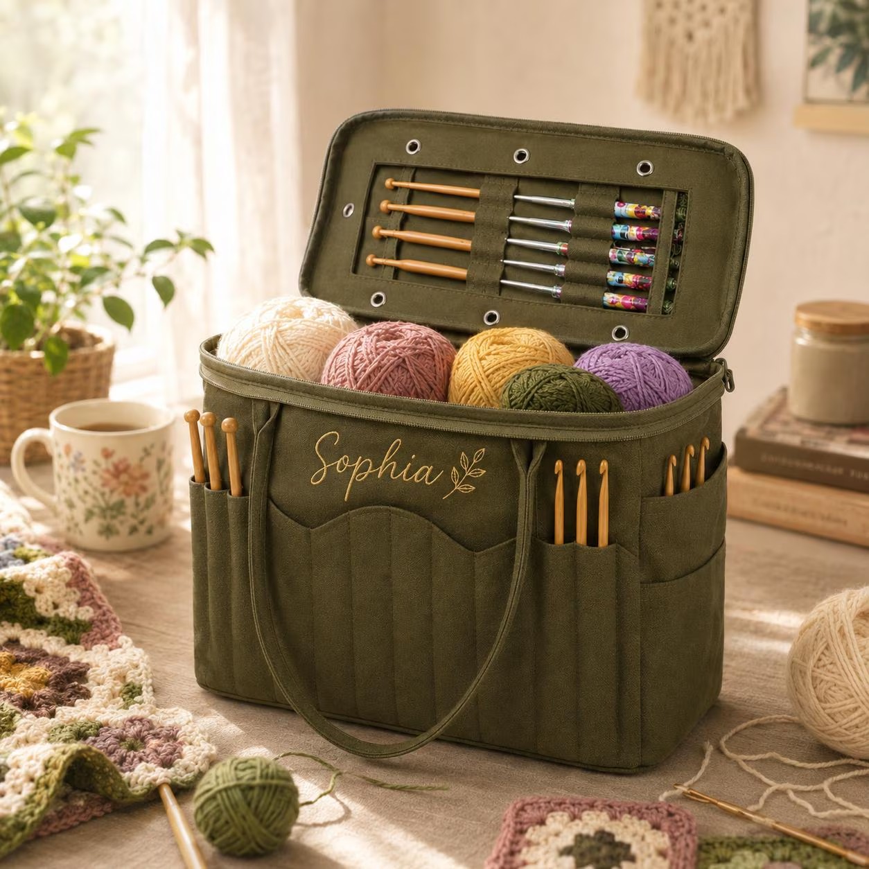 Personalized Embroidered Crochet & Knitting Storage Bag – Customizable Craft Organizer with Multiple Compartments for Yarn, Hooks, and Needles