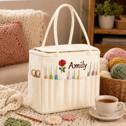 Personalized Embroidered Crochet & Knitting Storage Bag – Customizable Craft Organizer with Multiple Compartments for Yarn, Hooks, and Needles