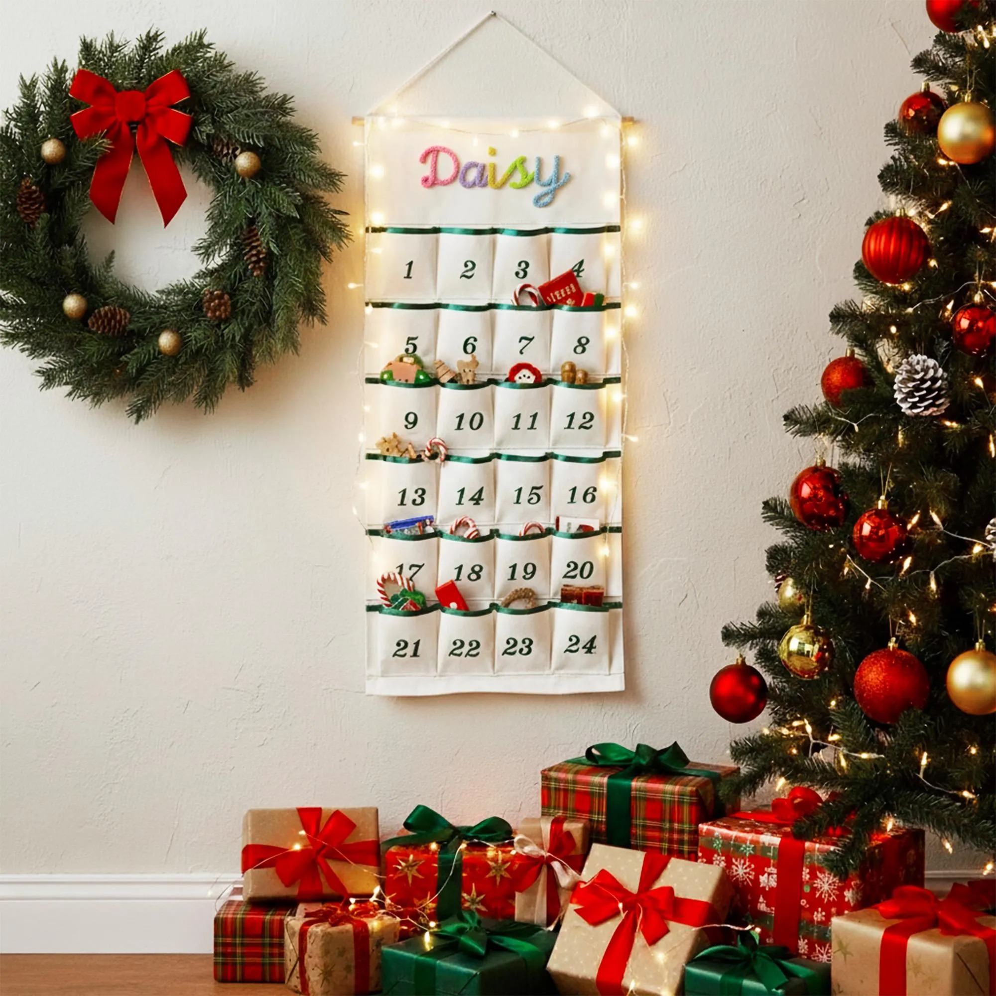 Personalized Christmas Advent Calendar – Custom Name Embroidered Fabric Countdown with 24 Pockets, Red or Green Strap, Reusable Holiday Decor for Kids & Families
