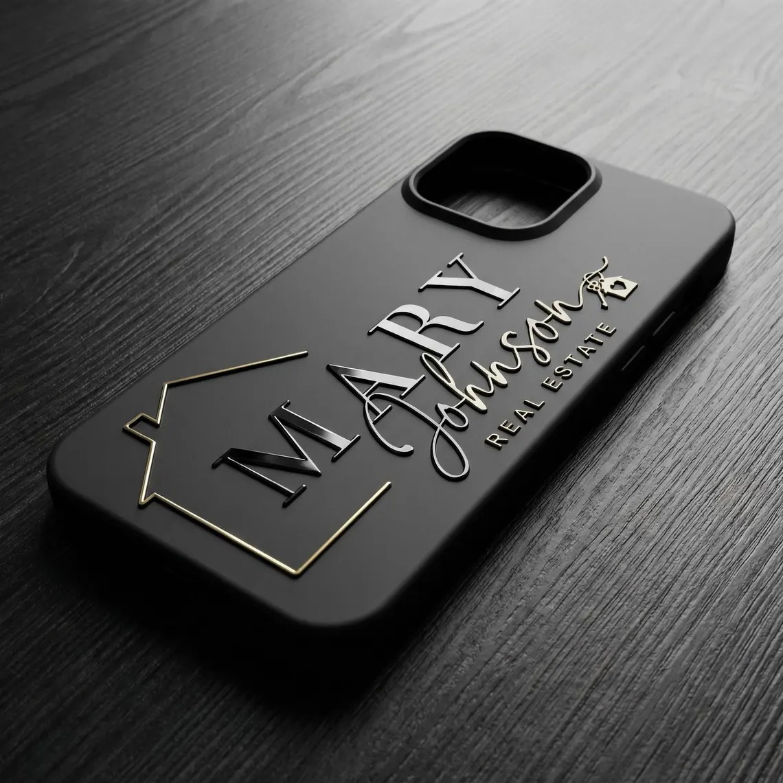 Luxury Black & Gold Real Estate Agent Phone Case - Custom "Mary Johnson" Signature Design with House Icon - Professional Business Gift for Realtors & Brokers