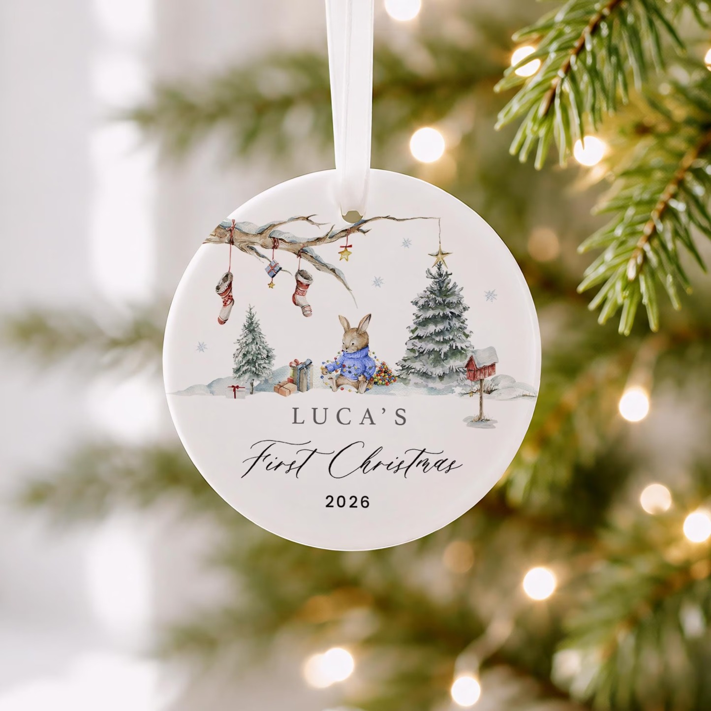 Personalized Baby’s First Christmas Ornament, Custom Ceramic Christmas Tree Ornament with Name & Year, Newborn Keepsake Holiday Gift, Family Christmas Decoration
