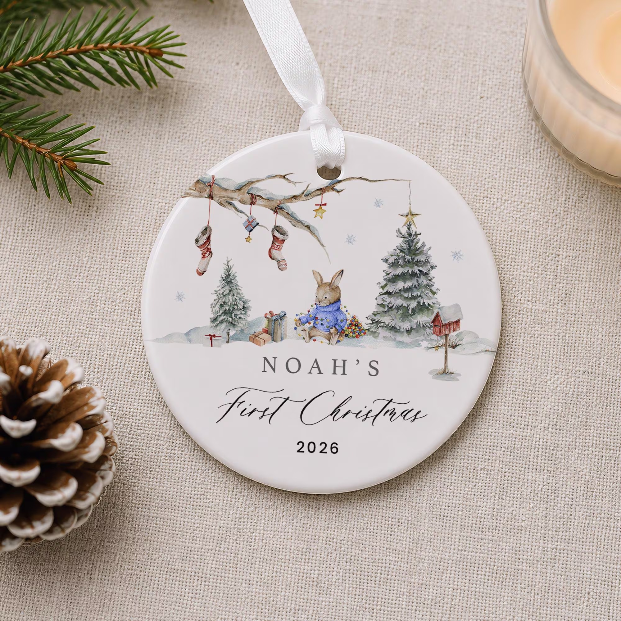 Personalized Baby’s First Christmas Ornament, Custom Ceramic Christmas Tree Ornament with Name & Year, Newborn Keepsake Holiday Gift, Family Christmas Decoration