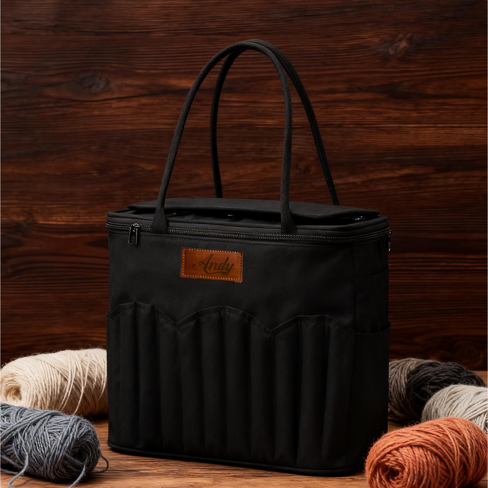 Personalized Canvas Knitting Tote with Leather Patch – Custom Embroidered Yarn Organizer & Craft Project Bag