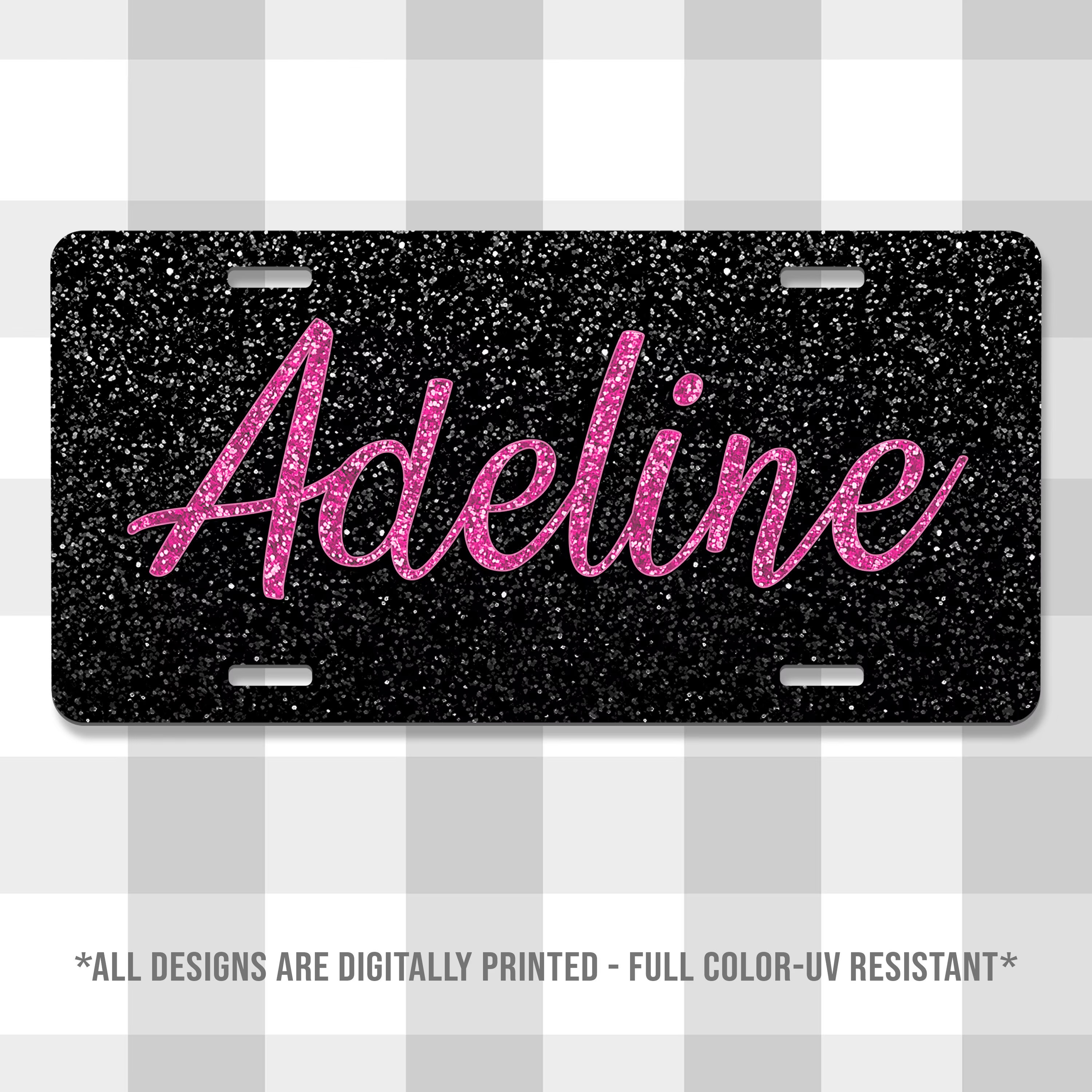 Adeline Style Black Glitter License Plate – Custom Name Vanity Tag for Car Front | Personalized Aluminum Auto Accessory for Her & Him