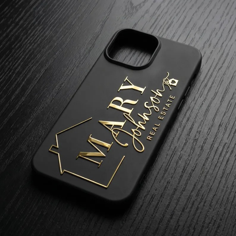 Luxury Black & Gold Real Estate Agent Phone Case - Custom "Mary Johnson" Signature Design with House Icon - Professional Business Gift for Realtors & Brokers