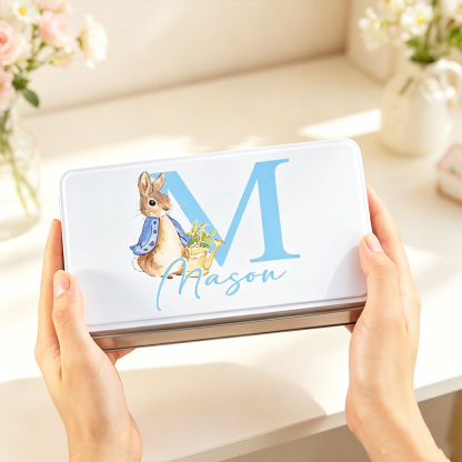 Personalised Watercolour Bunny Metal Biscuit Tin with Initial and Name, Easter Treat Box, Birthday Gift for Kids