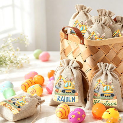 Personalized Cute Bunny Excavator Easter Treat Bag – Fun Reusable Drawstring Gift for Kids