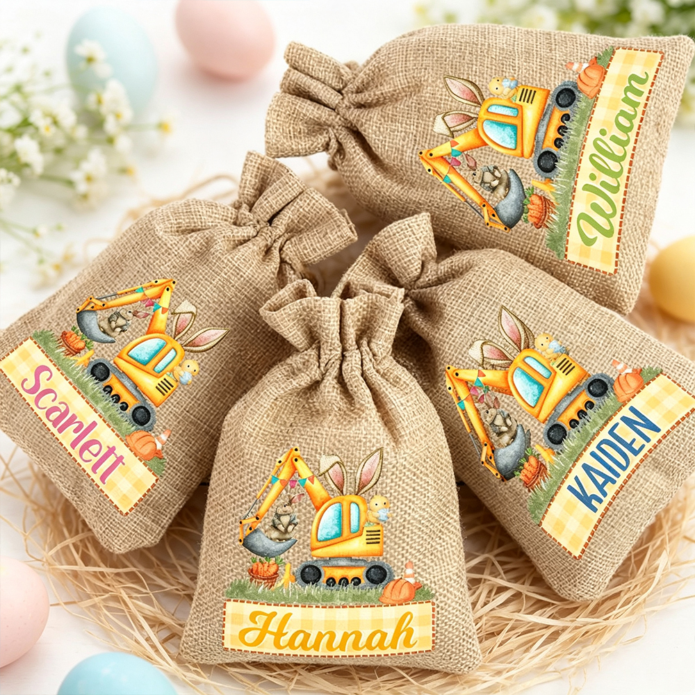 Personalized Cute Bunny Excavator Easter Treat Bag – Fun Reusable Drawstring Gift for Kids