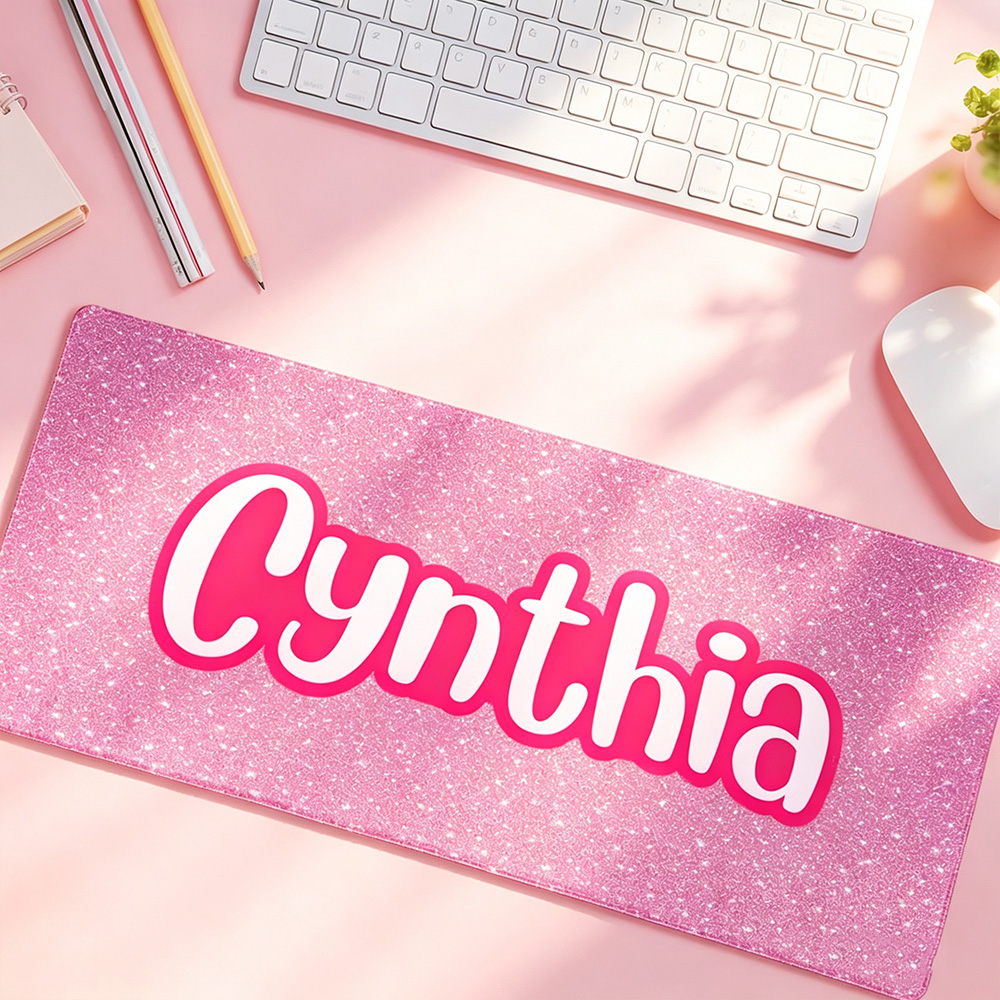 Personalised Pink Glitter Desk Mat with Name, Non-Slip Extended Mouse Pad, Office and Study Accessory Gift for Her
