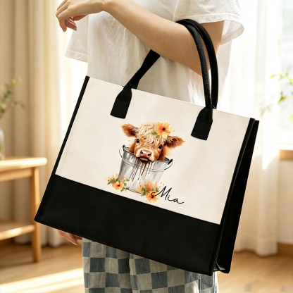 Personalized Floral Highland Cow Canvas Tote Bag – Large Travel Bag with Name Customisation, Birthday & Christmas Gift for Her