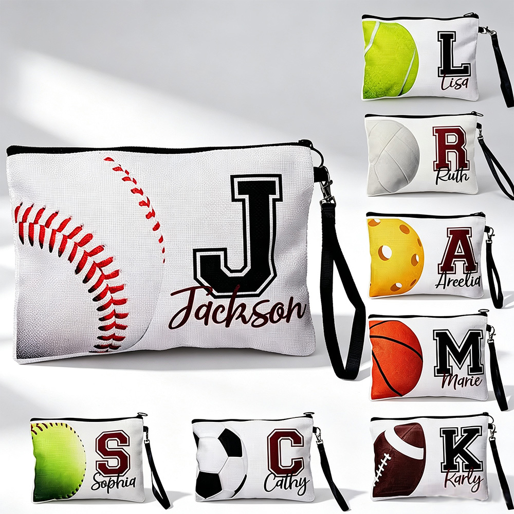 Personalised Sports Ball Cosmetic Bag with Initial and Name, Zipper Wristlet Pouch, Team Gift for Athletes and Sports Lovers