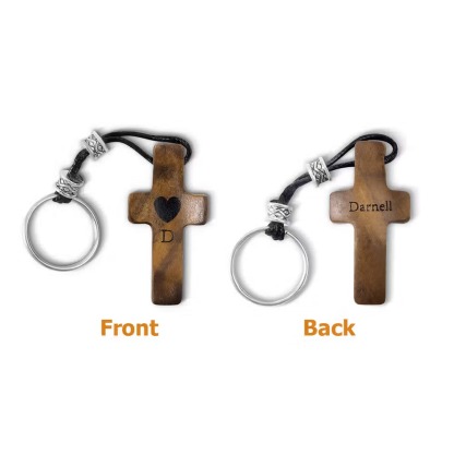 Personalized Wooden Cross Keychain with Initial, Name and Heart, Christian Baptism Easter Gift for Family and Friends